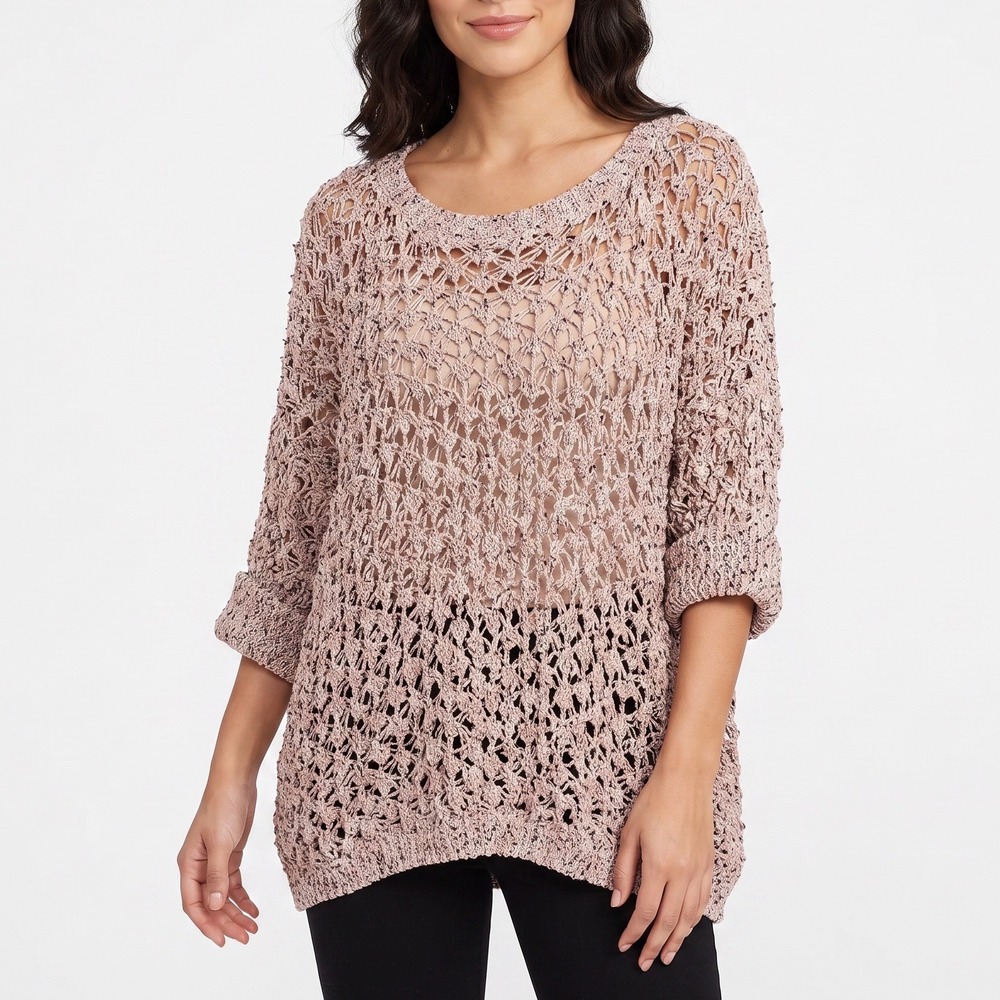 POL Sweater Women M Boho Open Knit Crochet Pink Marled Cuffed Sleeve Excellent